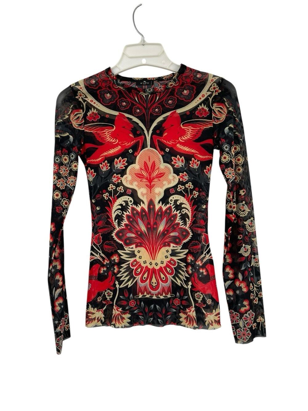 Etro Pegasus Floral Print Mesh Long Sleeve Top Size 40 US 4